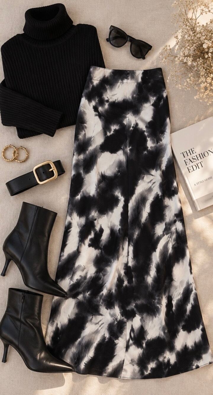 NWT Black + White Tie Dye Leaf Maxi Skirt Ultra High Waist Side Zip Fall Small